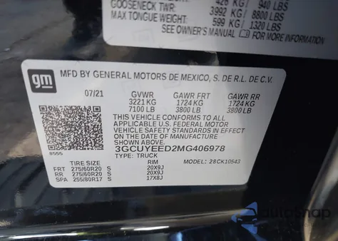 2021 Chevrolet Silverado 1500 4Wd Short Bed Rst z USA, uszkodzony, nr VIN 3GCUYEED2MG406978